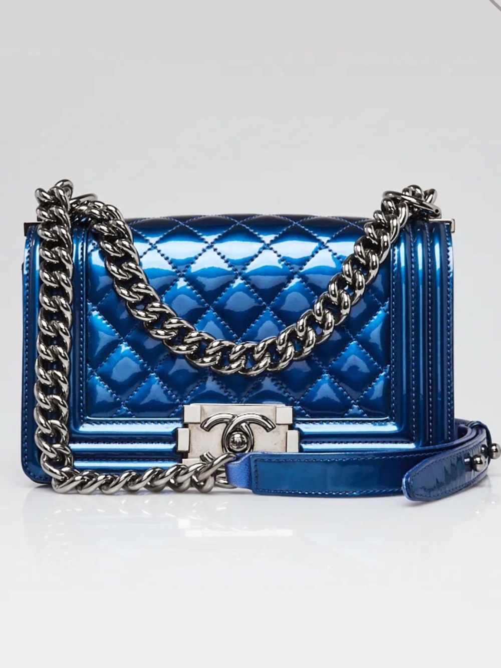 CHANEL Metallic Blue Quilted Boy Crossbody Bag with Silver Chain